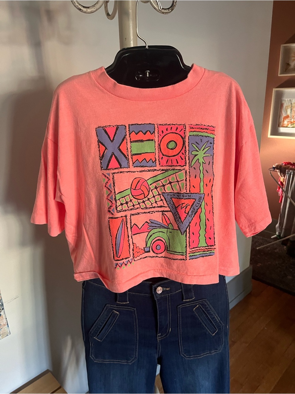 Vintage 90’s Neon Coral Summer Graphic Cropped Tee